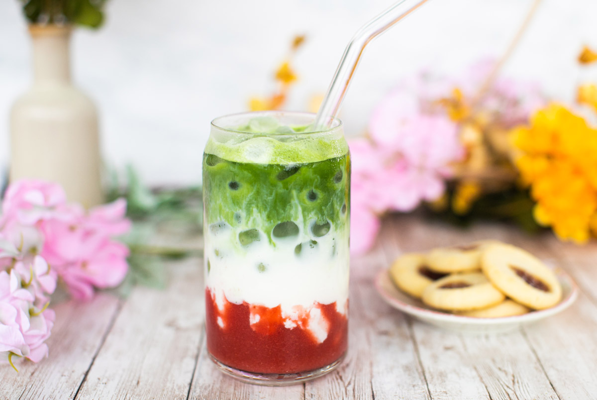 Strawberry Matcha - Fresh strawberry puree beautifully layered with premium Japanese matcha.